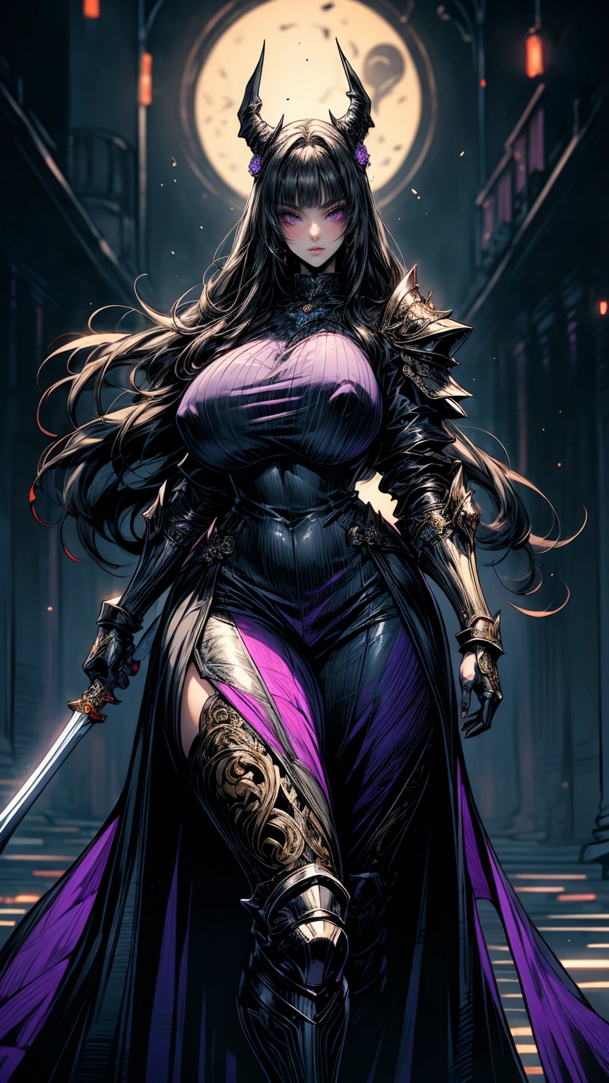perfect and beautiful face, beautiful girl in black and pink pointed toe stiletto knee high boots, standing on street with sword in her hands ,, leatgher gloves on, big breasts and buts