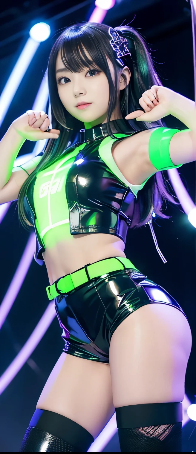 flashy cyber idol girl、A pure girl's face、 hypo、、cyber latex shorts uniform(silver and fluorescent green)、、fighter belt、glowing thunder spider web、