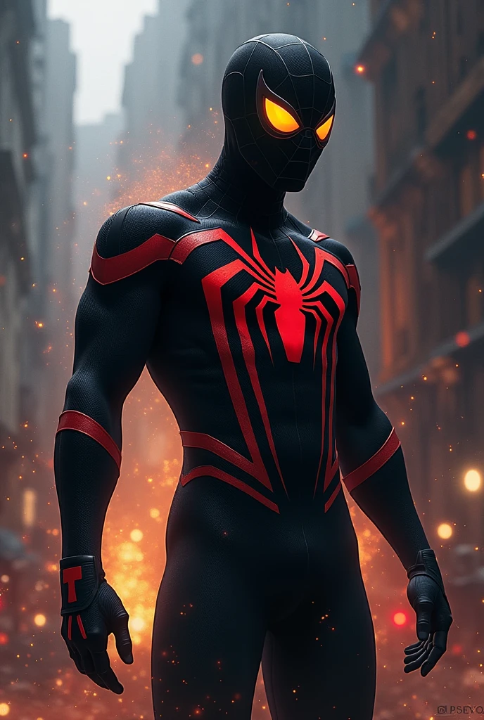 Digital art featuring a stylized, crouching figure reminiscent of Spider-Man in a dark, reflective hallway. The character is depicted in a black costume with a prominent, bright yellow spider emblem on the chest. The costume has a shiny, almost liquid texture, with rainbow-colored highlights, particularly on the mask, which features a vibrant multicolored visor. The background is a dimly lit tiled hallway with reflective surfaces, adding to the overall dark and mysterious atmosphere.