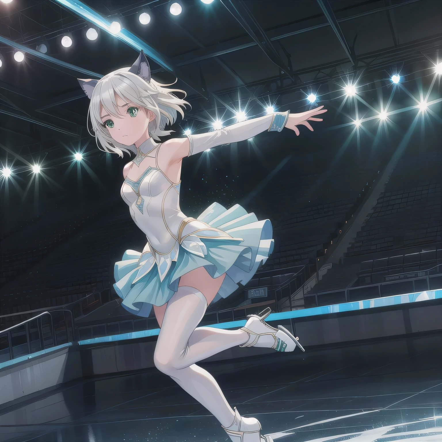 Depict a 20-year-old, stunningly beautiful woman gracefully gliding across the ice in a grand skating arena. She wears an elegant and intricately designed figure skating dress, adorned with shimmering details that reflect the arena lights. Her expression is serene yet focused, her movements fluid and dynamic, capturing the poise and strength of a professional skater. The background features a vast ice rink with soft lighting, enhancing the elegance of the scene. Short hair, animal ears, (green eyes:1.3), white hair, cat ears.