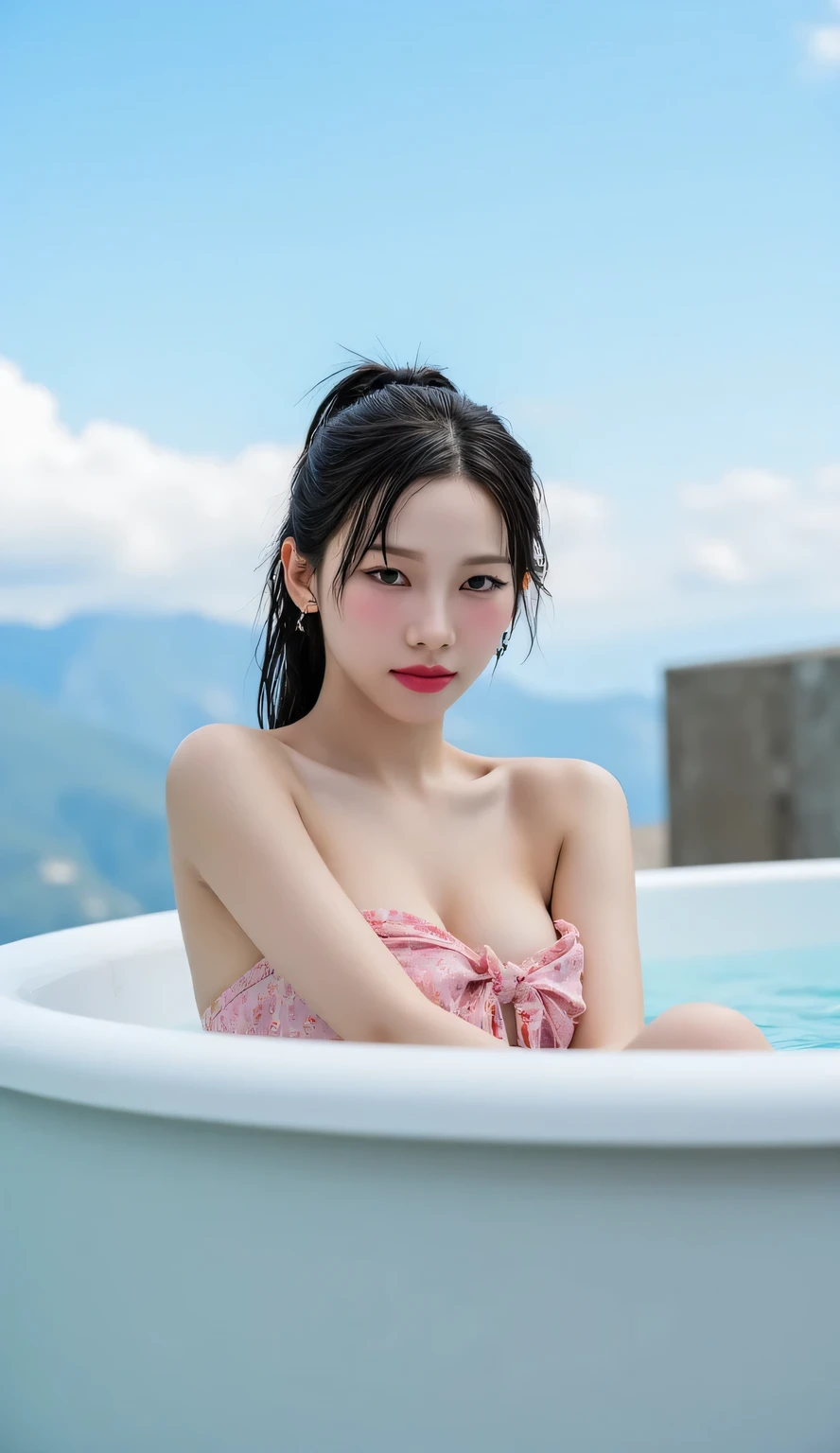 a woman, Soak in a hot bath, submerged body in hot bath, mountain background with bright blue sky, shirt looks full body, body facing front, eyes looking at camera , bare shoulders , bare sleeves, big size G-cup, thick red lips, horny face, tied hair black color, whole body and wet clothes
