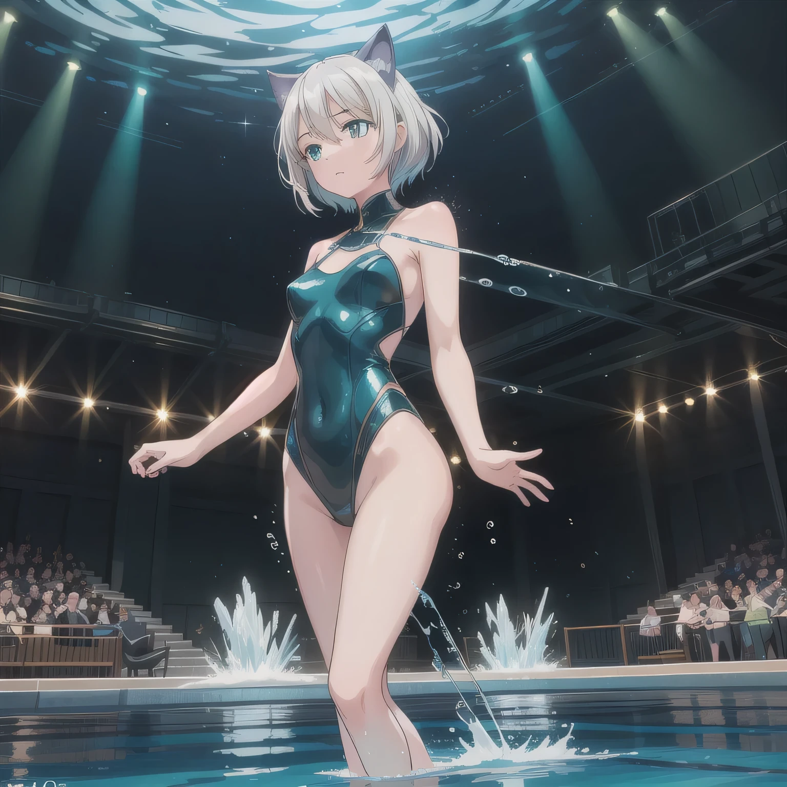 Depict a 20-year-old, breathtakingly beautiful woman performing synchronized swimming in a crystal-clear pool. She wears a stunning, form-fitting swimsuit adorned with sparkling embellishments, designed for both elegance and functionality. Her body moves in perfect harmony with the water, arms extended gracefully, legs executing a precise movement. The water ripples around her, reflecting the bright lights of the aquatic arena, creating a mesmerizing scene of beauty and strength. Short hair, animal ears, (green eyes:1.3), white hair, cat ears.