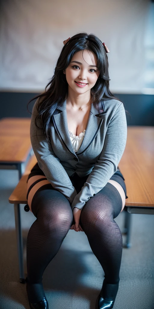 ulzzang-6500-v1.1,  (RAW photo:1.2), (Photoreal), (genuine:1.4),、detailed face、detailed mouth、detailed eye、wearing glasses, brown wet skin、Sit on a chair with your legs open、(super realistic pantyhose:1.3), laughter、Photographed from the front、dark blue skirt、leather shoes、classroom、long hair、whole body、thighs thighs thighs、45-year-old, White panties, No need extra hands and legs