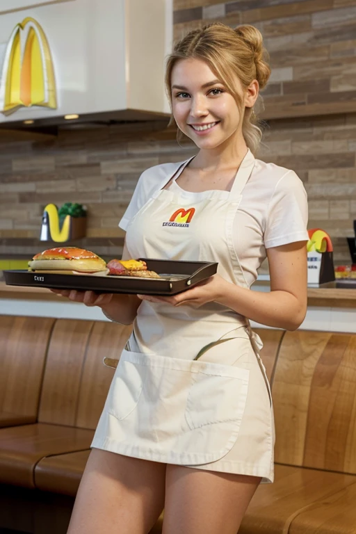 <lora:BR:.7>, blonde hair, ponytail, brown eyes, medium breasts, black shirt, white apron, leggings, looking at viewer, smiling, teeth, standing, inside fancy kitchen, holding plate of food, chicken wings, table, beer, warm ambiance, high quality, masterpiece,