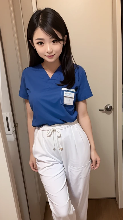 Upper body of a Gorgeous woman, twenty five years old, Indonesian, happy, mesmerizing eyes, wearing surgical scrubs nurse uniform, hospital