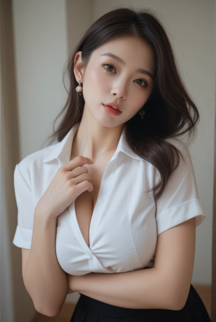 photography of a brightly sangmi nam who is Korean actress, masterpiece, photorealistic, analog, realism, Korean idol, slim leg, long_brown_hair,1 girl, very bright backlighting, solo, {beautiful and detailed eyes}, large breasts, calm expression, hair blown by the breeze, delicate facial features, Blunt bangs, beautiful Korean girl, eye smile, very small earrings, 22yo, ((model pose)), Glamor body type,(half red and half brown hair), film grain, real hands, masterpiece, Best Quality, photorealistic, ultra-detailed, finely detailed, high resolution, brown messy hair, perfect dynamic composition, beautiful detailed eyes, Korean girl,((nervous and embarrassed)),sharp-focus, beauty mix, Film Girl, long hair, (closed eyes),(wearing a white button-down shirt:1.5),(revealing a glimpse of cleavage),(1 man is wearing a blue button-down shirt:1.3),(1 man is hugging a woman's big breasts from behind:1.8),(in the hotel bedroom:1.3)
