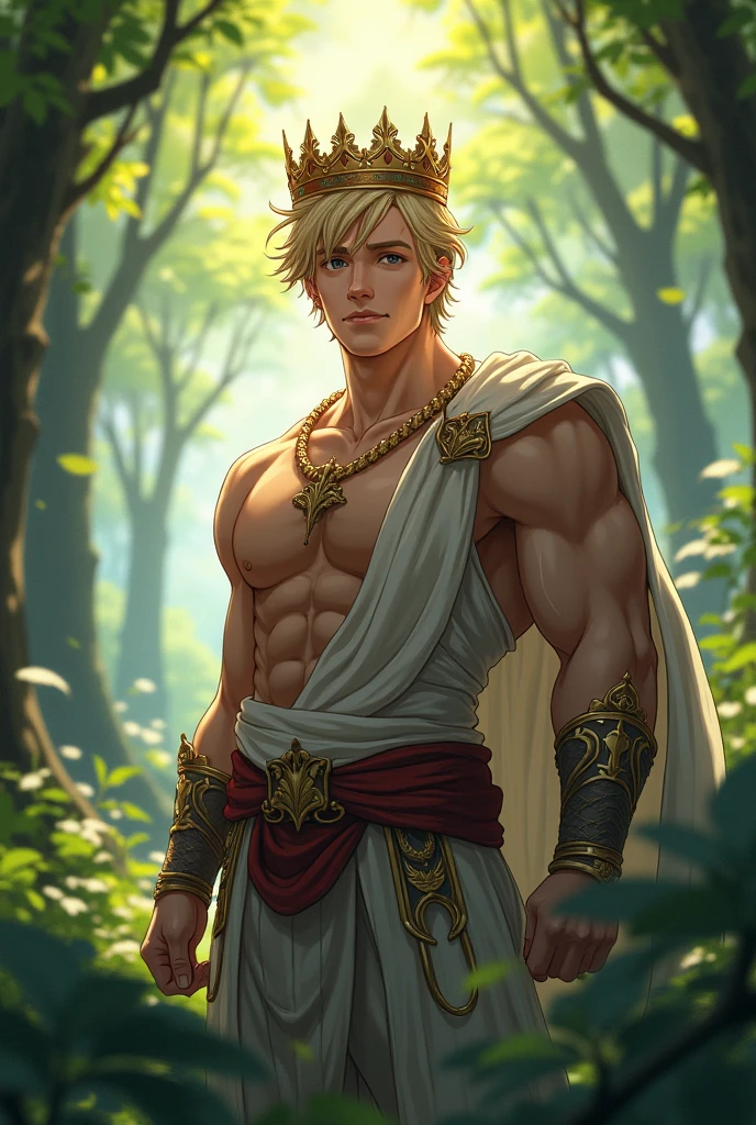 high resolution、High definition、8K,Blonde Boy、Macho boy、((Lifted the Golden Triangle:1.2))、Elf Ears、With a sword、Fantasy Waterfall Background、Dynamic Action、wearing green clothing、muscular male、bodybuilder、Full body image