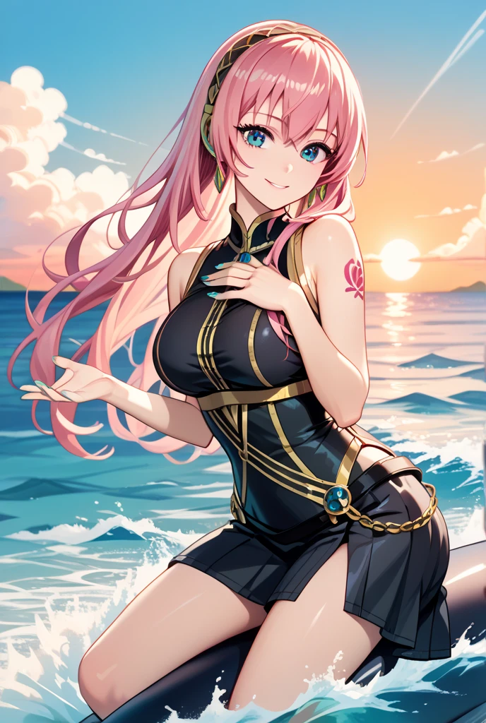 A pink haired woman with violet eyes with an hourglass figure is posing with red haired woman with red eyes in sexy one piece swimsuits in the waves.