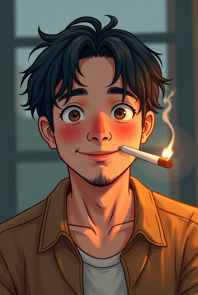Anime buff guy short brown haircut brown eyes light tan skin smoking cigarette coffee on the table wearing an olive green shirt and a cool brown jacket