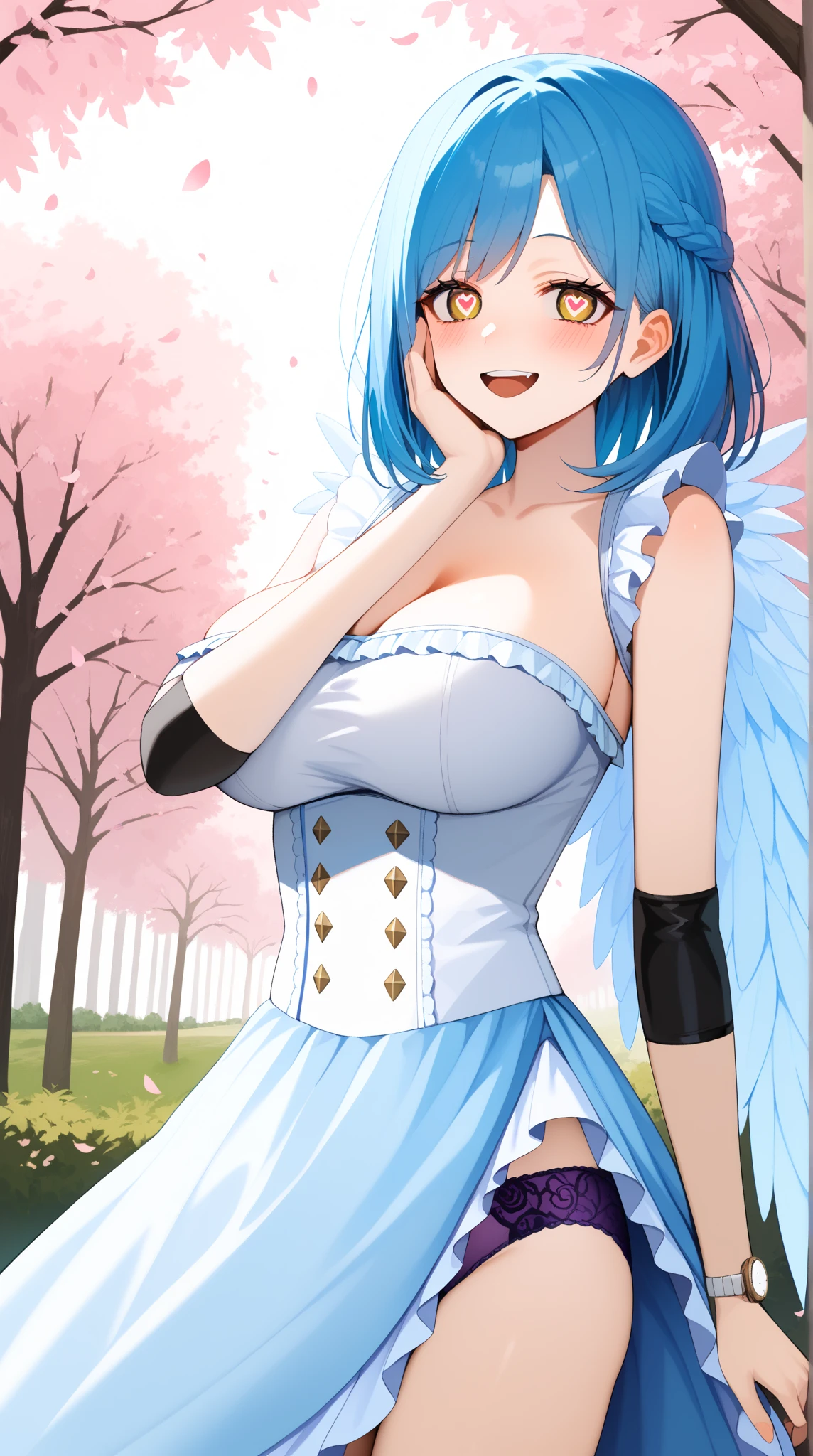 (masterpiece, best quality:1.2), 1girl, (solo), looking at viewer, upper body, nanael, smile, hands on waist, angel, armor, polka dot panties, thighhighs, boots, elbow gloves, angel wings, asymmetrical wings, ass, blue sky, clouds, blush, (cleavage, sagging breast, large breast), wide hips, thick thighs, NSFW