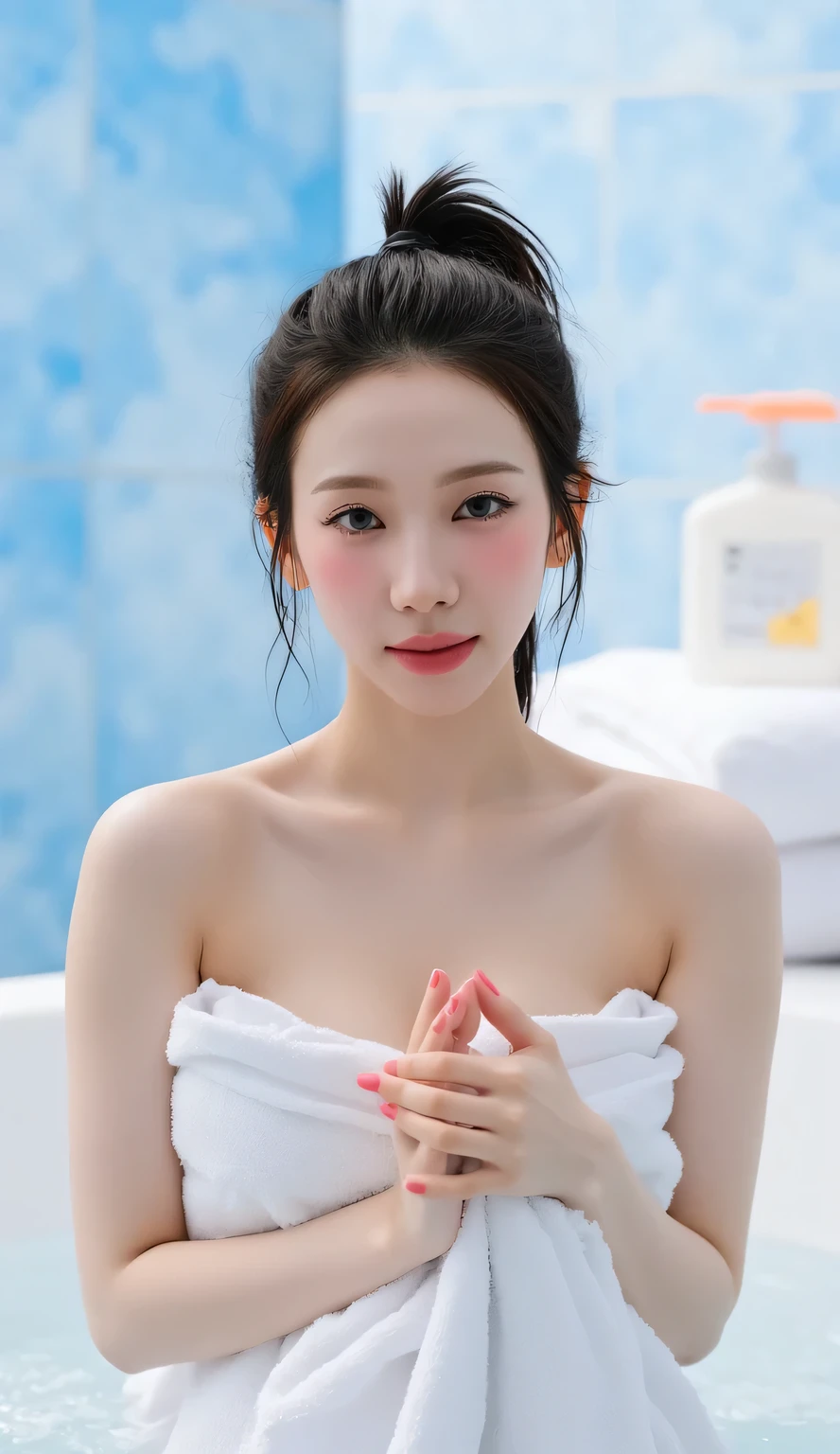 a woman, Soak in a hot bath, submerged body in hot bath, steam coming out of the bathwater, looks like a mountain with a bright blue sky, shirt looks full body, body facing front, eyes looking at camera , both hands clasp breasts, body wrapped in wet towel, bare shoulders , bare sleeves, big size G-cup, thick red lips, horny face, tied hair black color, whole body and wet clothes