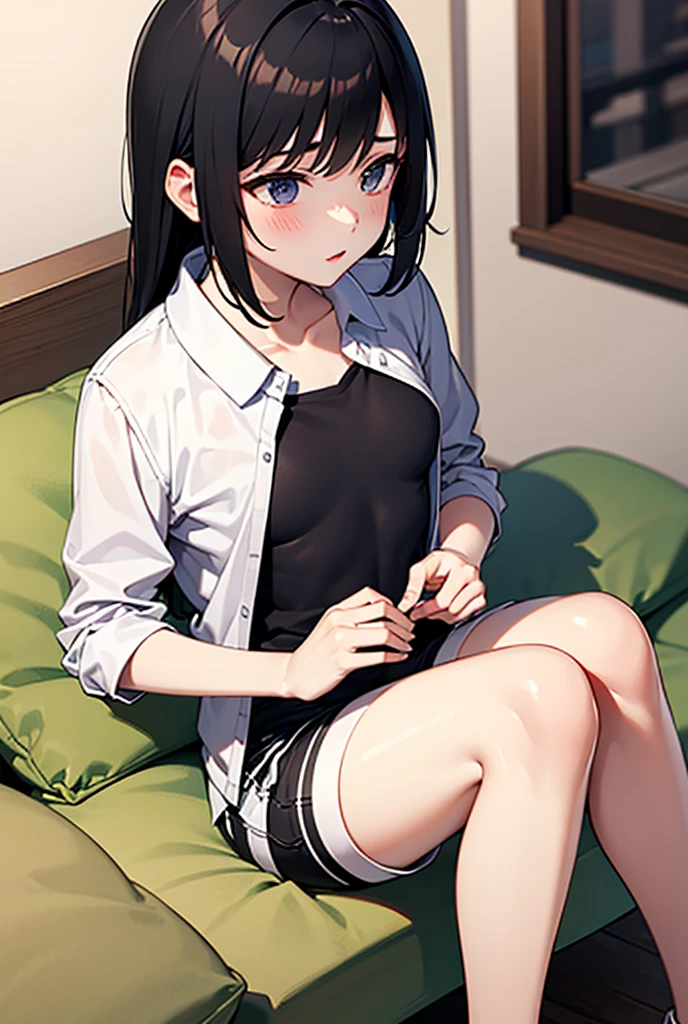 ((((Obra maestra, La mejor calidad, ultrahigh resolution)))), 1girl, sitting on the sofa, (baggy black t-shirt, white lounge wear shorts, back hair, dark black hair over eye)), long hair cut, pale skin, ((brown eyes)), glowing_eyes, neon eyes, (ultra detailed eyes:0.7, beautiful and detailed face, detailed eyes:0.9), ((centered)), smile, ((wide shot)), facing viewer, large breasts, (looking at viewer), ((half closed eyes)), empty eyes, beautiful lighting, defined subject, , ((cool looking)), ((from above, wide shot))