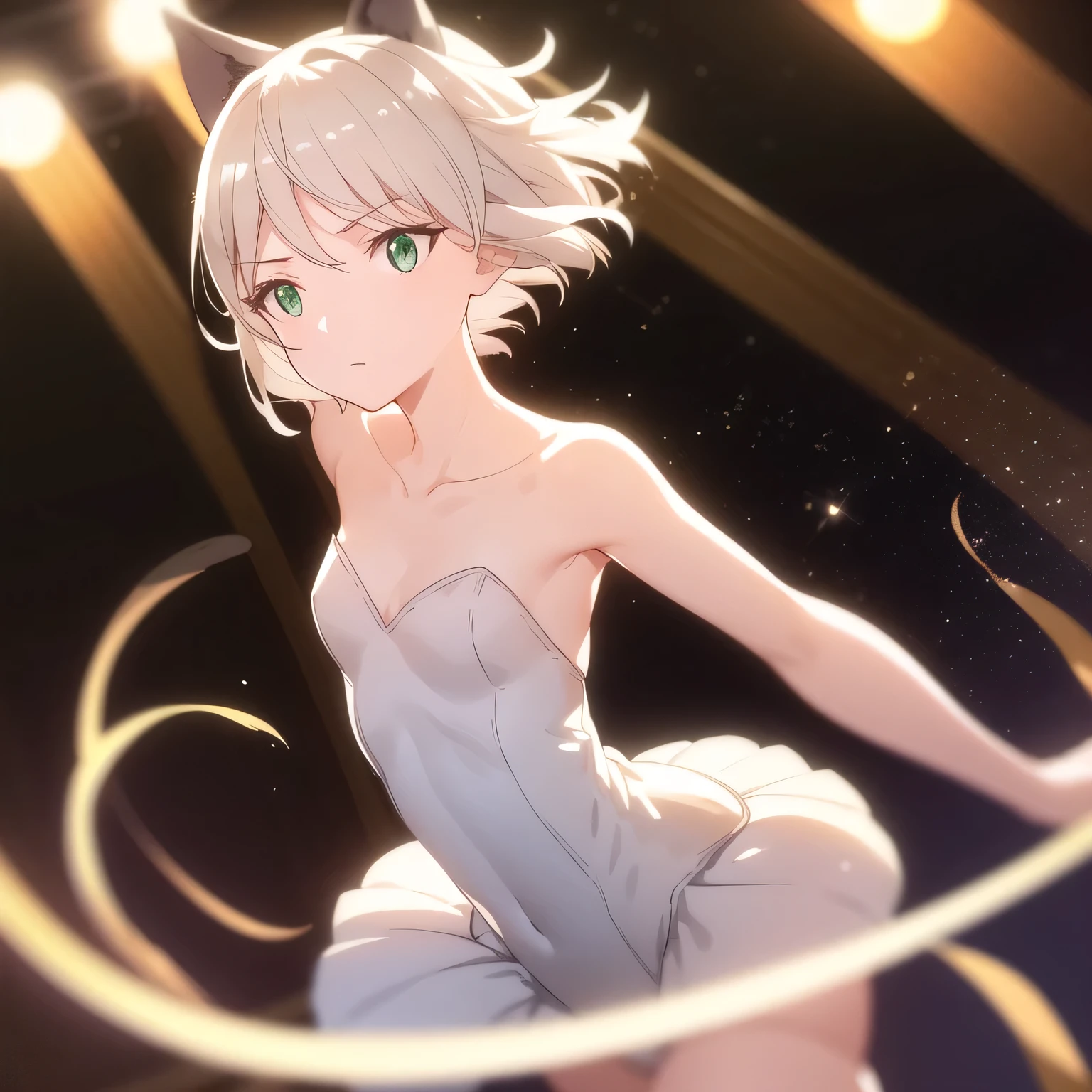 Depict a 20-year-old, exquisitely beautiful ballerina performing on a grand theater stage. She wears a delicate and intricately designed tutu, its soft fabric flowing with every movement. Her posture is impeccable, one leg extended in a perfect arabesque, arms poised elegantly. The warm stage lighting casts a golden glow, illuminating her delicate features and emphasizing the sheer grace of her dance. Short hair, animal ears, (green eyes:1.3), white hair, cat ears.