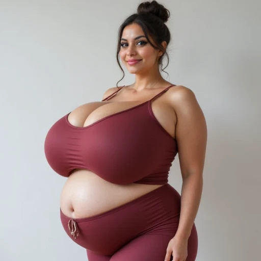 ((best quality)), ((masterpiece)), (detailed), (waist circumference 125cm:1.3), (Morbid obesity:1.2), female, (Upper body obesity:1.8), (obese belly:1.2), ((big belly)), protruding belly, lateral view