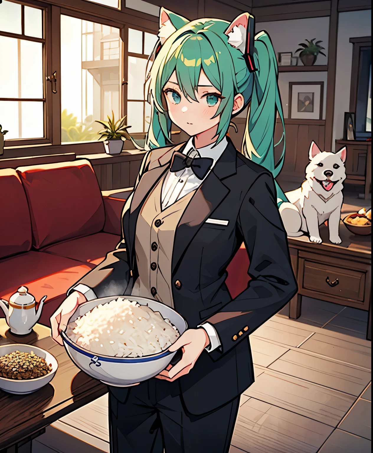 ( masterpiece、 Highest Quality、 Highest Quality、Official Art、 beautiful beautiful :1.2) Hatsune Miku、LIGHT GREEN TWIN TAILS, beautiful breasts, concentrate on dog butler (stare at the rice bowl) gracefully brewing tea, butler holds a file、Observe the whole, dog butler cleans with a broom in the back of the room, Sofa, tables, wide shot, Cinematic Lighting, cinematic composition,girl in butler clothes、dog cosplay、Girls in men's clothing、girls in tuxedos and pants、 dog ear、Dog&#39;s tail、(masterpiece, Highest Quality, perfect face:1.4), Wide angle,  Hishi Miracle \(Uma Musume\), 1 girl, Gray Hair, horse ears,  ear cover, earrings, horse tail, tail on the lower back, Proportion body, Proportion, beautiful hair, beautiful face above the castle gate, beautifully detailed eyes, above the tongue, beautiful body, beautiful breasts, beautiful thighs, beautiful legs, beautiful fingers, in their 40s, Wearing a Black Butler costume, transparent ear covers, A silver tray in one hand, with a white napkin on the other arm, in their 40s, serious expression, realistic skin with a spear, high resolution, in their 40s, Good move, 