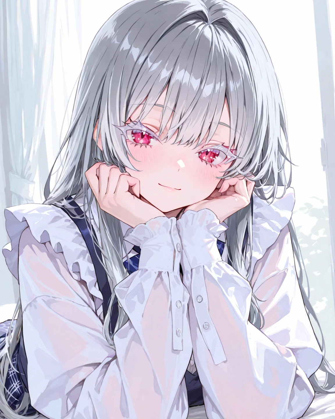 A uniformed anime girl lies on her back in bed looking at the camera with blue eyes, No underwear, On the bed, In a dress, Cute anime visuals, Girl with short white hair, nyaruko-san, Anime Moe Art Style, Surreal school girl, Official Art, JK Uniform, tsuaii, fubuki, senko-san, Official character art, Female Anime Characters, Gray-haired
