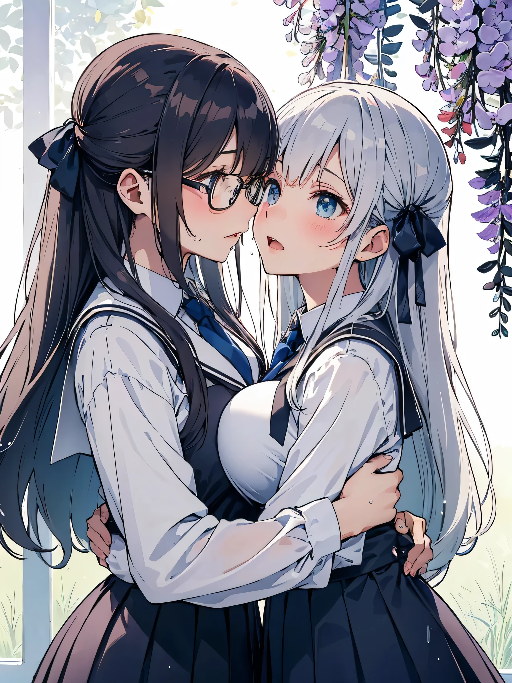(score_9, score_8_up, score_7_up), source_Anime, absurd_res, white, blue, black, 2girls, duo, multiple girls, upper body, super fine illustration, an extremely delicate and beautiful, best quality, masterpiece, 8K, spring setting, wisteria flowers, gentle breeze, sunlight filtering through trees, BREAK
left girl is(long silver hair:1.3, two side-up:1.2, blue eyes:1.2, hair ribbon with black, ample breasts, white sailor school uniform:1.3, red tie, black pleated skirt, wet clotch, wet body, ultra-beautiful girl), BREAK
right girl is(long black hair:1.3, half updo:1.3, brown eyes, wearing glasses:1.3, round eyewear:1.3, round_glasses22A:1.3, hair ribbon with light blue, ample breasts, white sailor school uniform:1.3, red tie, black pleated skirt, wet clotch, wet body, ultra-beautiful girl), BREAK
fluttering hair, blushing faces, surprised expression, embarrassed reaction, yuri:1.3, lesbian foreplay:1.3, looking at each other:1.3, face-to-face:1.3 mutual hug:1.3, breast press:1.3, dynamic pose, soft fabric movement, fluttering petals, warm and bright atmosphere, soft lighting, delicate color palette, detailed clothing folds, flowing hair, lively spring vibe, highly detailed rendering, breathtaking composition,