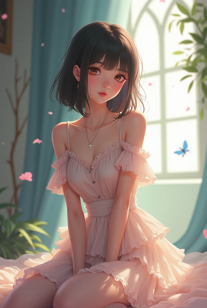 (super flat, flat shading, flat color:1.1)、(magazine cover)、An illustration、(One Asian boyish girl)、(cute:1.2)、Very beautiful 14 year old girl manga、cheeks are red、(high detail skin: 1.2)、Photorealistic anime girl rendering、Realistic anime 3D style、beautiful brown hair、intense black eye、強いeyeのハイライト、(get used to it、Medium chest)、perfect anatomy、(sweaty)、Pale pink underwear、(wet with water)、spread your legs、head tilt、sit on the sofa、((heart cutout))、volume lighting、soft light、bright、Light from behind、bright色、watercolor painting、shortcut、hair band、frills、close ~ eye、open your mouth
