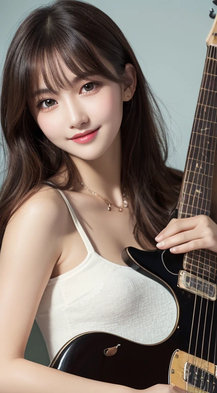 Fine details, High resolution, high quality、Perfect dynamic composition, Beautiful detailed eyes, Medium Hair, Small breasts、Natural color lip,Looking up、Shibuya-kei、20 year old girl、1 person、Clear skin、Shiny Hair、A sloppy smile、Mastepiece, Best Quality, Illustration, Super detailed, Fine details, High resolution, 8K、The correct state of the human body、squat、Gravure model pose,Hair flying in the wind、((I have an electric guitar))、(Wearing a dress)、(Full Body Shot)(Random Pause)