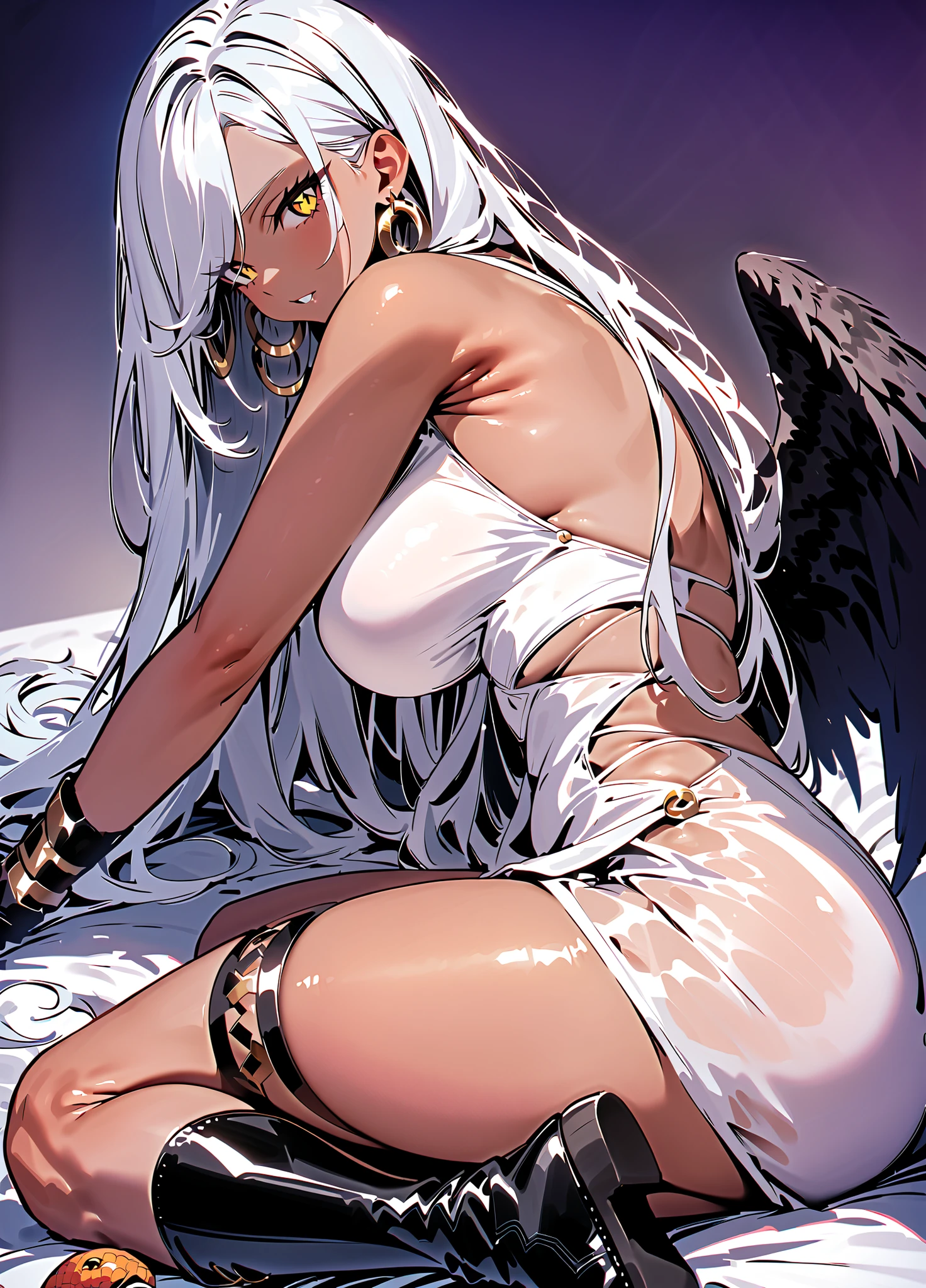 
masterpiece,best quality,1girl,zzSSnake,yellow eyes,star-shaped pupils,white hair,long hair,dark skin,black wings,green armlet,hoop earrings,snake earrings,sleeveless white dress,black boots,
