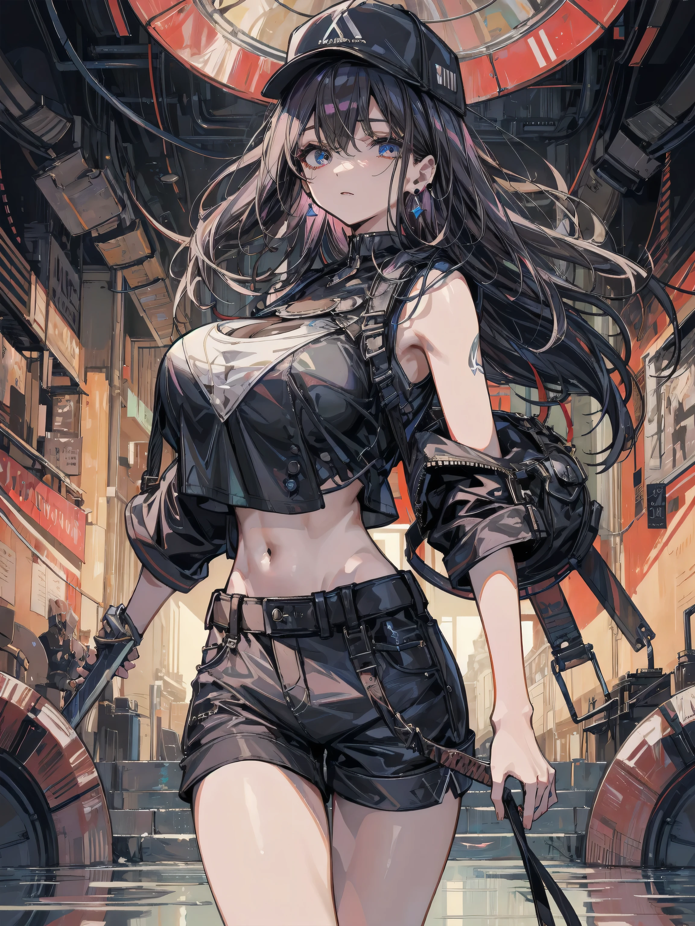 There was a woman in the cage,A woman who is,blue long hair,holding a gun in her hand, v from devil may cry as an elf, style of hajime sorayama, hajime sorayama style, Inspired by Hajime Sorayama, 《Devil May Cry》Virgil, 2b, 2 b, cyberpunk high fashion, cyberpunk fashion clothes, Tifa Lockhart with white hair