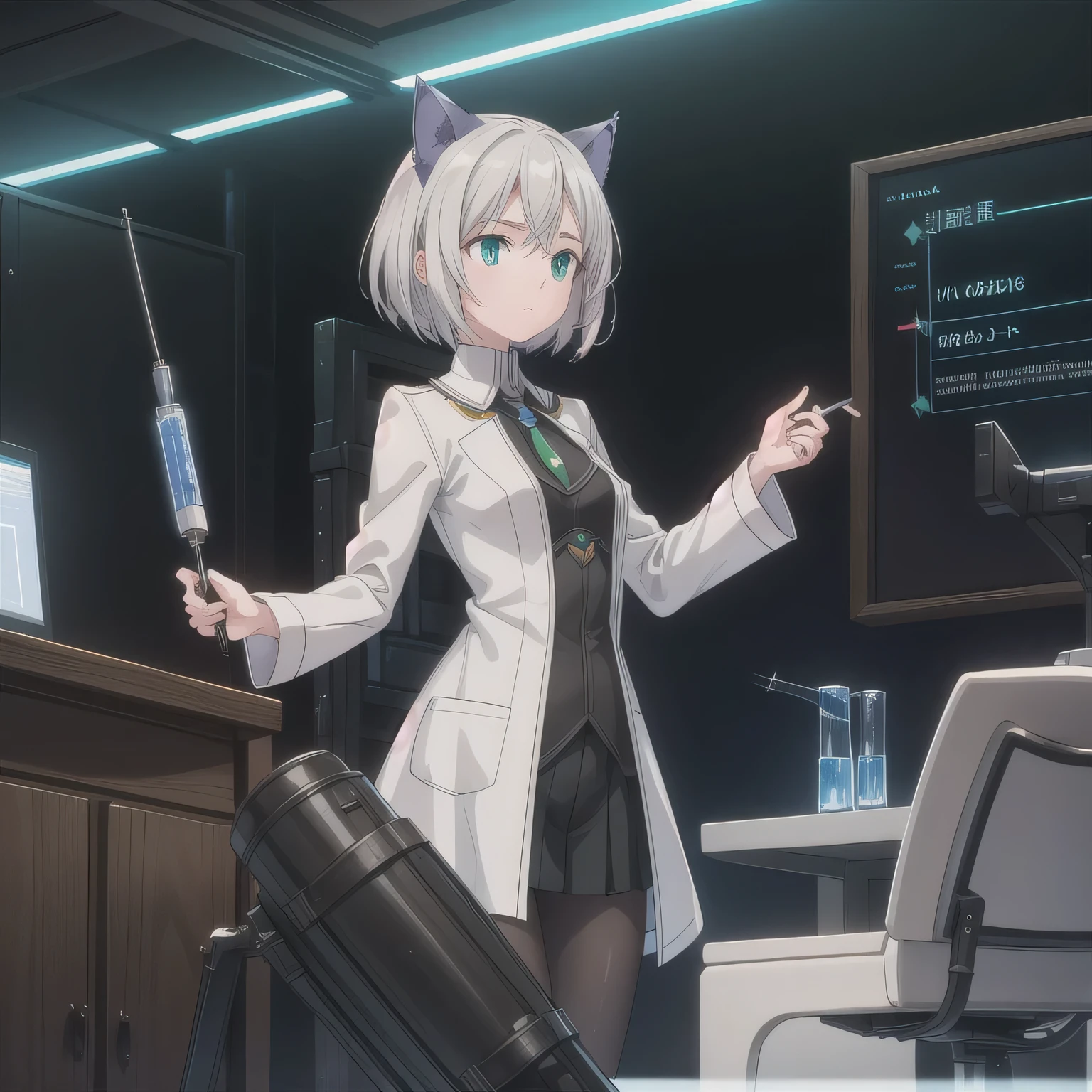 Depict a 20-year-old, stunningly beautiful woman conducting an experiment in a well-equipped science lab. She wears a pristine white lab coat over professional attire, her expression focused as she carefully handles scientific instruments. Whether her hair is long and neatly tied back or short and styled, she maintains a meticulous appearance suited for the lab environment. The background features shelves filled with scientific equipment, adding to the immersive atmosphere of the setting. Short hair, animal ears, (green eyes:1.3), white hair, cat ears.