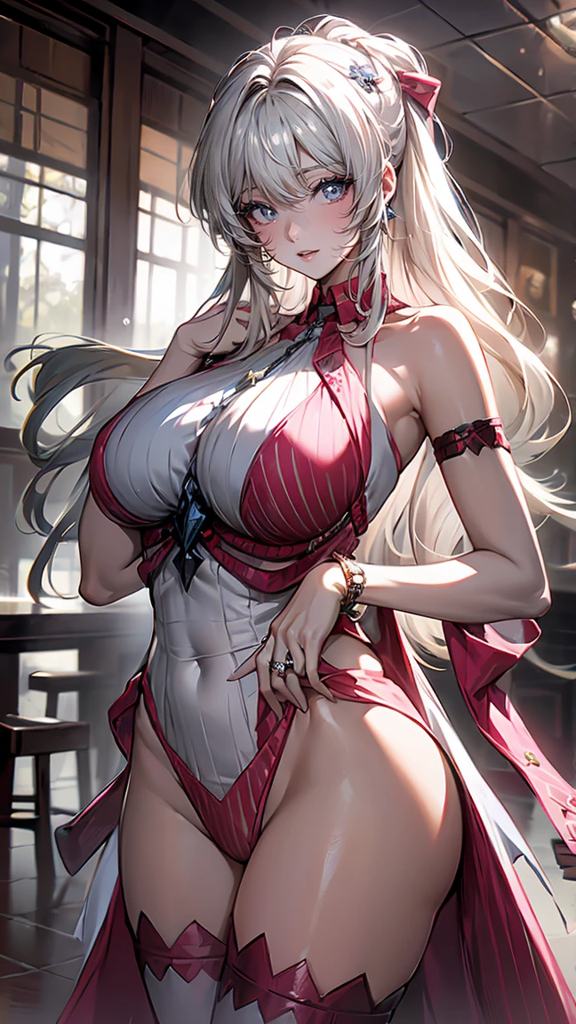 Anime style, Painting, absurderes、perfect anatomia、integra, integra hellsin, necklace, jewelry, restaurant scene, Masterpiece, RAW Photography, 8k, Top Quality, Fine Pore, Photorealistic, Ultra Detailed, (high skin detail:1.2),Extremely detailed,Intricate, sharp-focus, tanned skin, flat chest