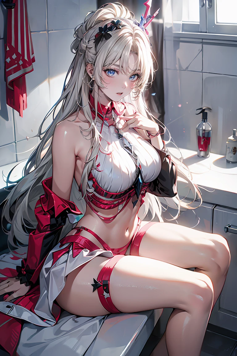 (((depict young girll))), (((only one girl))), (((top-quality, masterpiece))), 4k, HD, silver hair, bob cut, one braid, (red rose in hair), green eyes, (((sofisticate lingerie))), ((lace lingerie details)), black and red lingerie, (((lot of white ribbons))), maid, lovely, smile, happy, warm, ((small breasts)), nice hips, (Masterpiece, Excellent, complex details), delicate girl, delicate face, ((big 2 handed sword))
