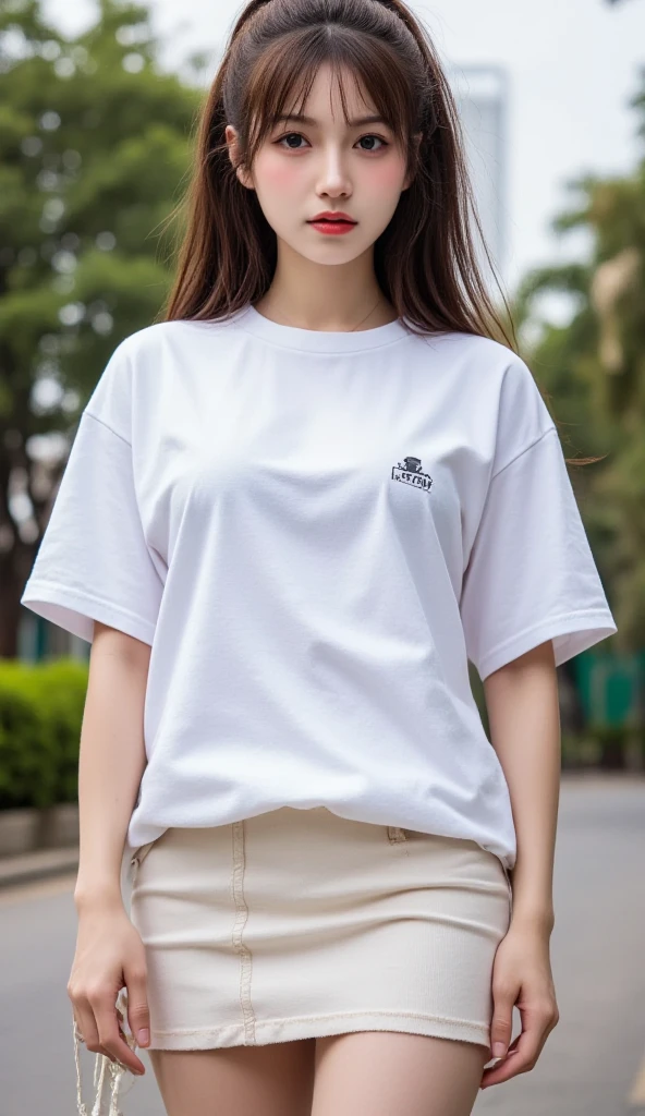 (highest quality, High resolution, masterpiece :1.3), tall and stylish woman, (whole body), (pure white background), Wearing white corduroy wide pants, Wearing an oversized T-shirt, Accurately express details such as faces and skin textures, pink loose wavy bob hair,