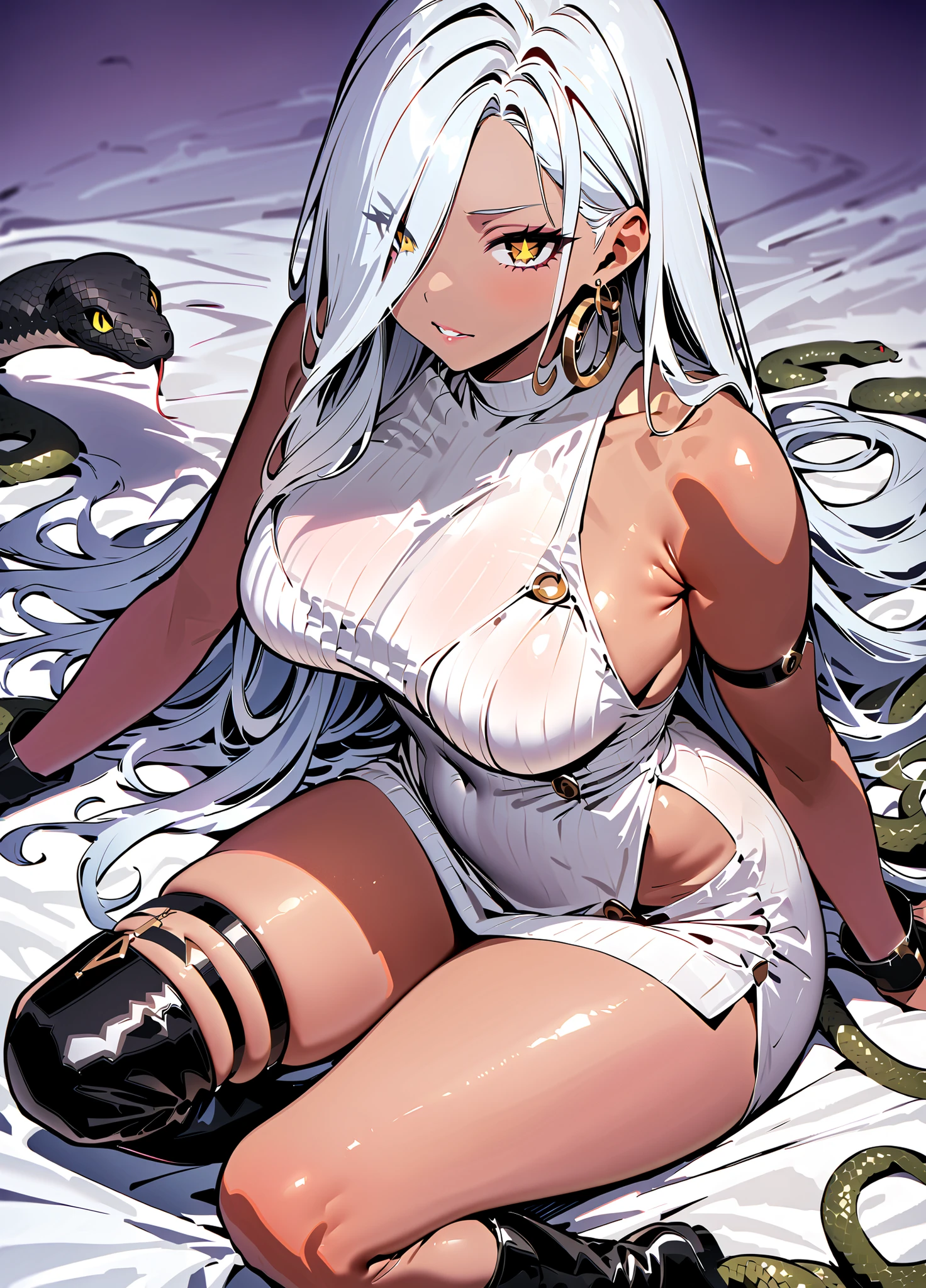 (anime style),masterpiece, best quality, extremely detailed,18Years old,tanned skin,dark skin, Beautiful body,biggest breasts,BREAK,multicolored colorful white hair,shaggy hair,long hair,long ponytails hair,BREAK,black eyes,black choker,dignified face,disgust,sensual face,open mouth,detailed lips,,BREAK,with vertical stripes sweater,tiara,ripped Princess light armor,See-through,micro skirt,break,head tilt,in the barbarian camp Night,hands on breasts,up half knee,ivy clinging to the body,arching back,shackles and chain cords,sweating,looking back,cling to a tree,