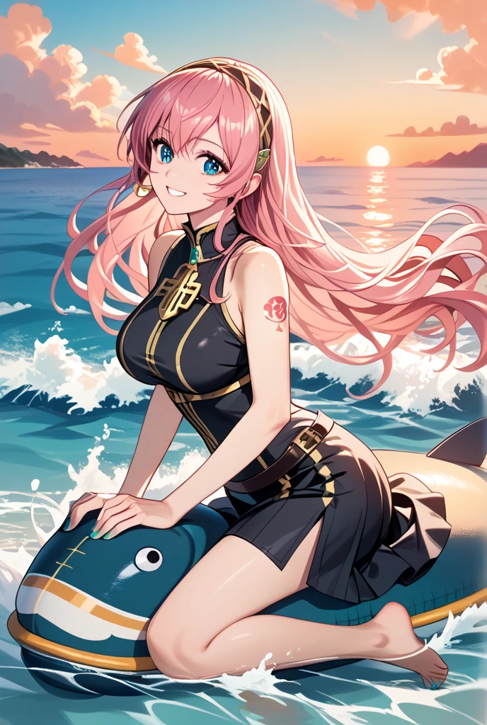 creates a 20-year-old anime girl riding a jet ski with ample hips and big breasts wearing a yellow swimsuit with a landscape of waves and beach pink hair and green eyes