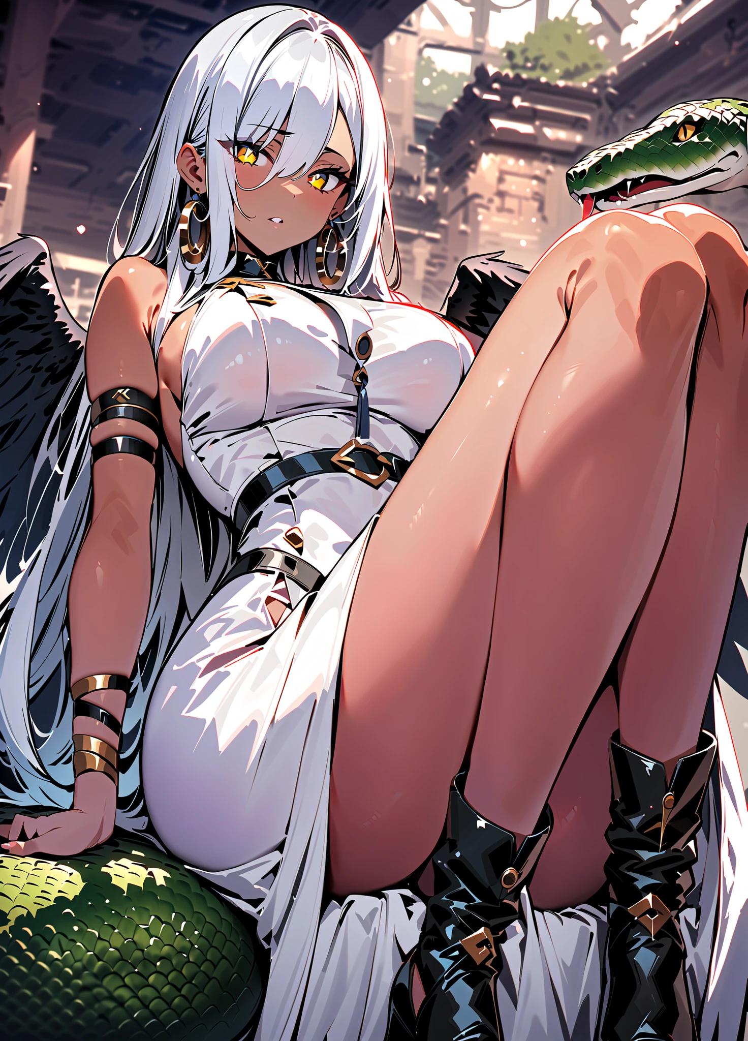 A mature woman with red horns, skin very white, blue hair, long and straight with bangs, one iris red eye and the other green, red wings, she wears tights, a sexy outfit, is beautiful, BLACK LIPS, one red eye and one green