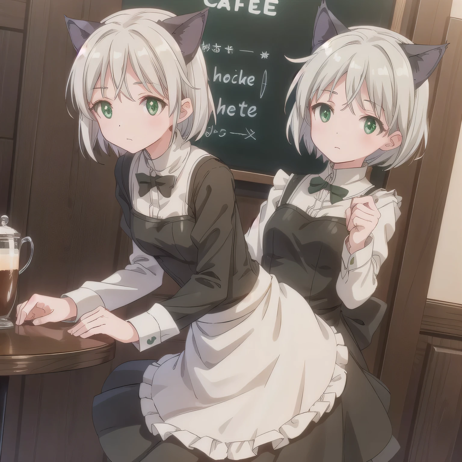 A girl is working as a waitress in a cozy cafe. She's wearing a classic maid outfit. The air feels warm and calm, and it's like you can almost smell the coffee through the picture. Short hair, animal ears, (green eyes:1.3), white hair, cat ears.