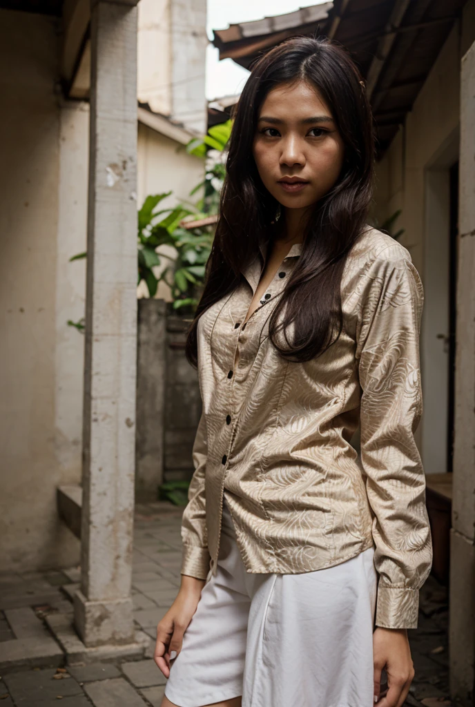 Asian woman, closeup, (shirt), pants, (favela houses), pearl necklace , [KM_joanna:KM_anh], wide shoulders, perfect face, (contact iris: 1.1), pale skin, skin pores , depth of field