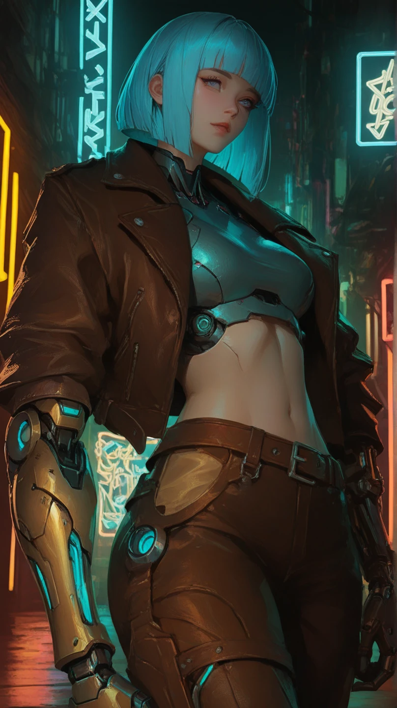 1 Egyptian girl in profile ,close up angle, brown hair braids, Sexy short jumpsuit clothes, torn shirtless jumpsuit,seios grandes , (with cybernetic prostheses),fundo cyberpunk neon a noite ,8K Ultra realista