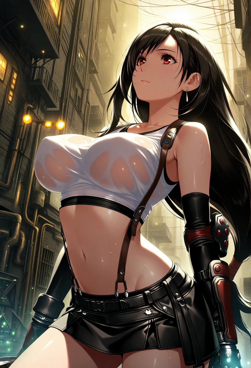 (8k, best quality, masterpiece:1.2), (realistic, photo-realistic:1.37), (full body), standing, legs apart, (wide stance) standing contrapposto, ultra-detailed, 1 girl,cute, solo, (tifa lockhart), (huge breasts:1.5), (beautiful detailed eyes), (smile:1.2), (closed mouth), sharp focus, depth of field, good composition, Final Fantasy VII, black hair, very long straight hair, hair bang, ((red_eyes)), intricate, bokeh, (Tetsuya Nomura style), (white lace bra:1.5), black miniskirt, long gloves, lace stockings, garters, toned body, athletic, thick thighs, wide hips, thin waist, toned arms, exposed abdomen, view from front, white background