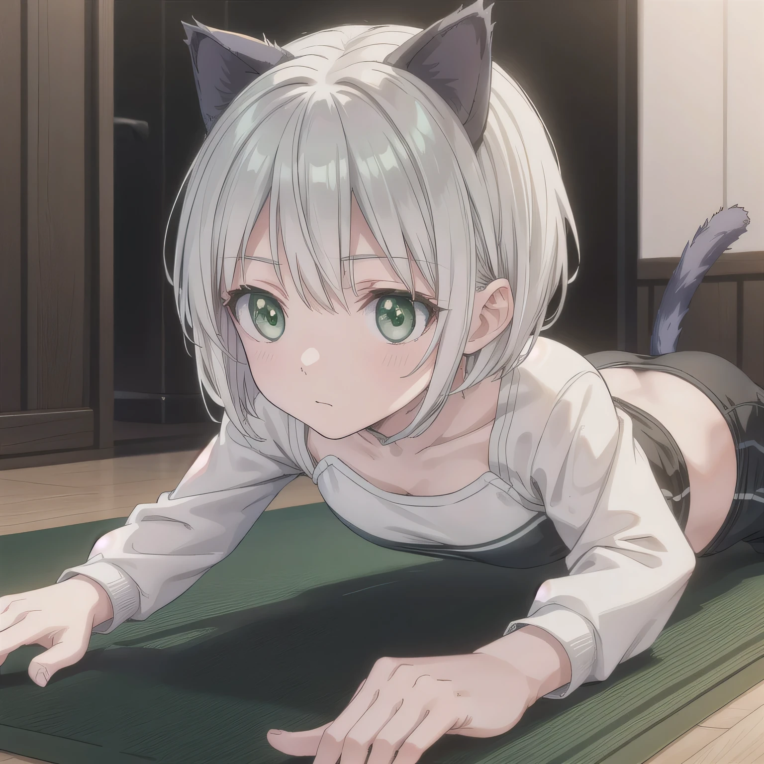 A person doing a plank exercise on a mat in a fitness gym, minimal equipment, bright interior. Short hair, animal ears, (green eyes:1.3), white hair, cat ears.