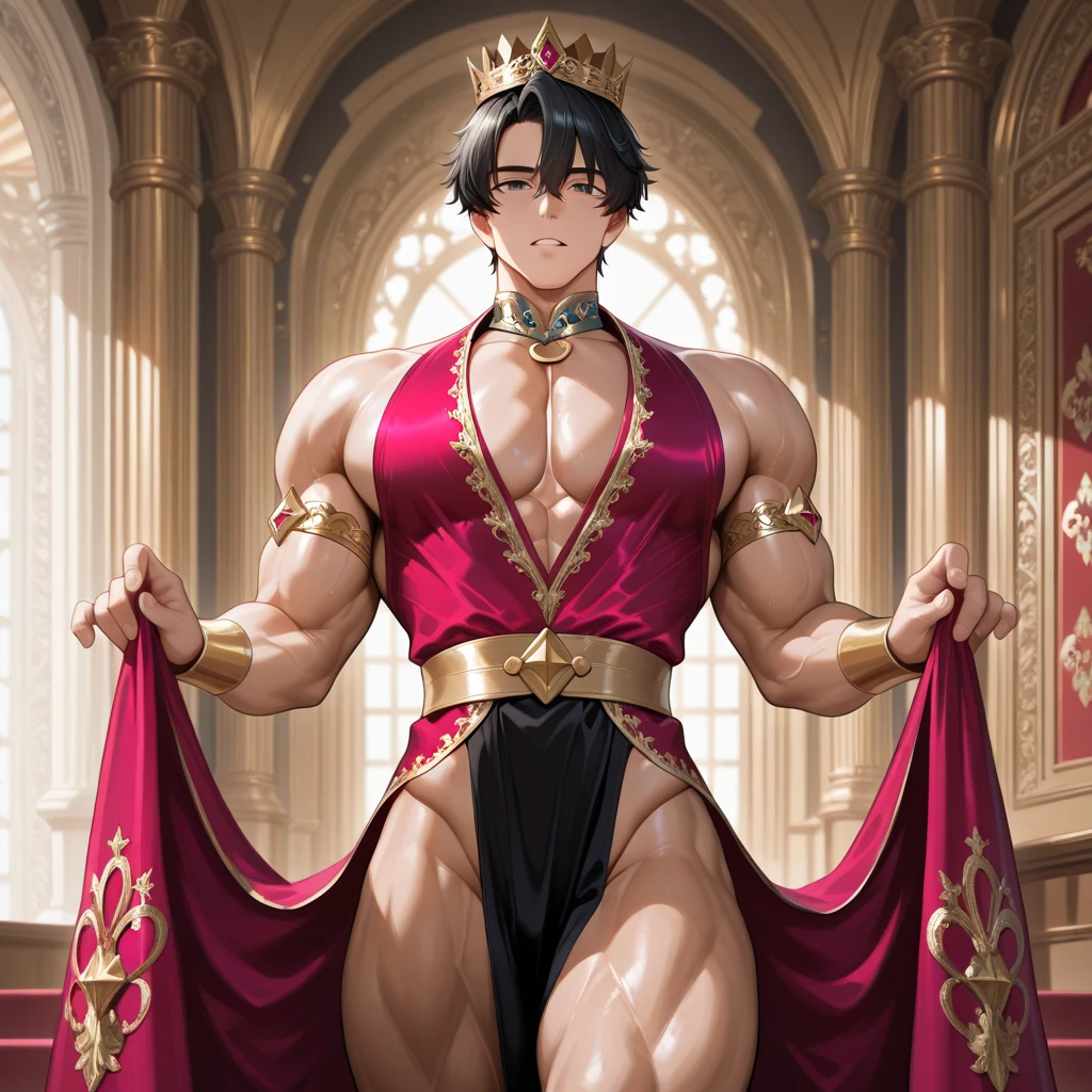 naked , big cock , huge penis ,alone, full body,smiling , muscular, huge muscle, big muscles, pectoral muscle , Boy , YOUNG , Lelouch_Lamperouge, black hair, purple eyes, hair between eyes , pokkuti , sitting on a throne, royal throne, sitting