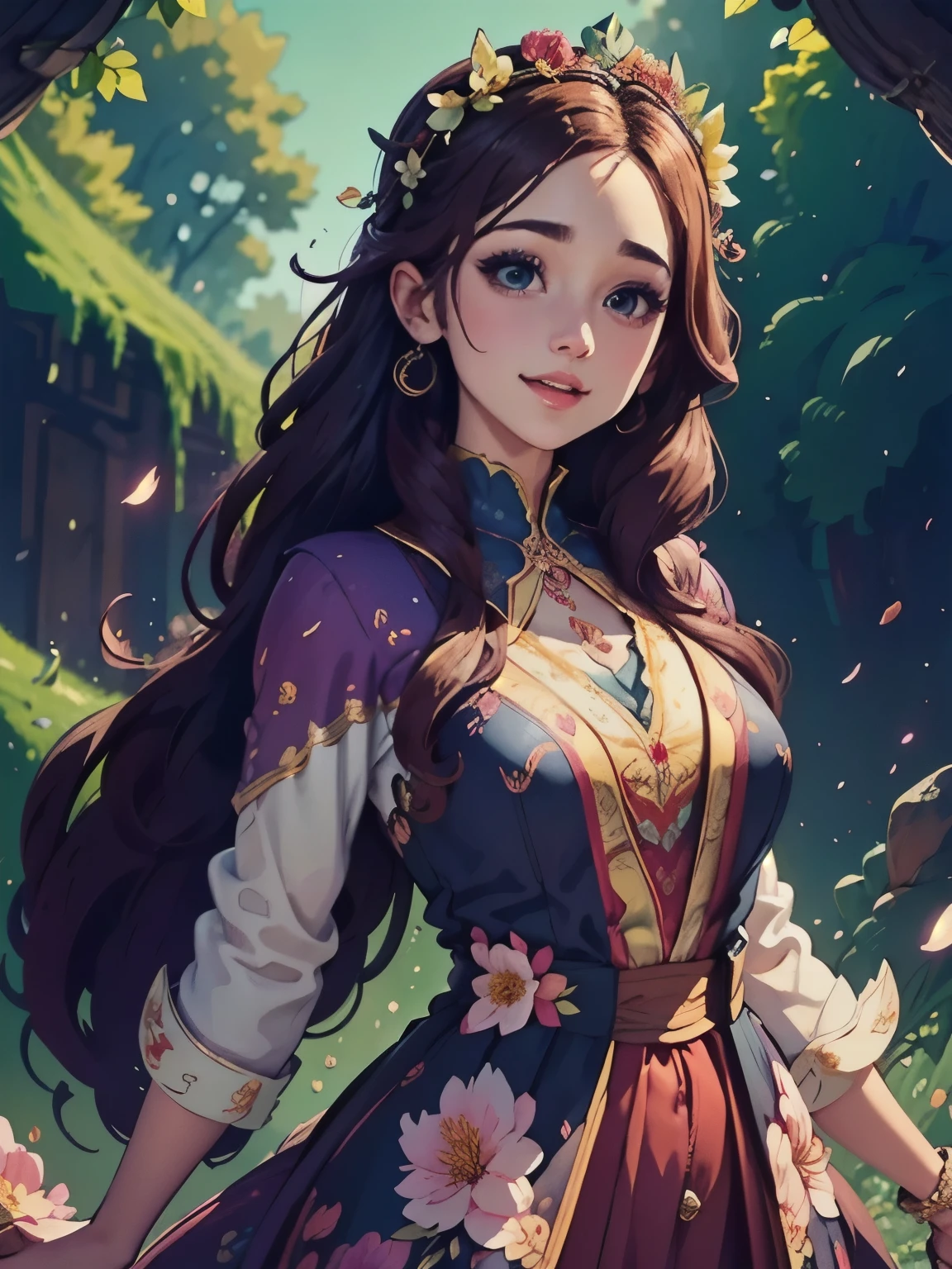 a vibrant, whimsical digital drawing of a young woman with long hair, detailed facial features, playful expression, flowing hair, intricate hairstyle, colorful floral crown, delicate skin, elegant posture, ethereal atmosphere, fantasy landscape background, magical environment, glowing lights, shimmering particles, vibrant colors, digital art, 8K, highly detailed, masterpiece, photorealistic