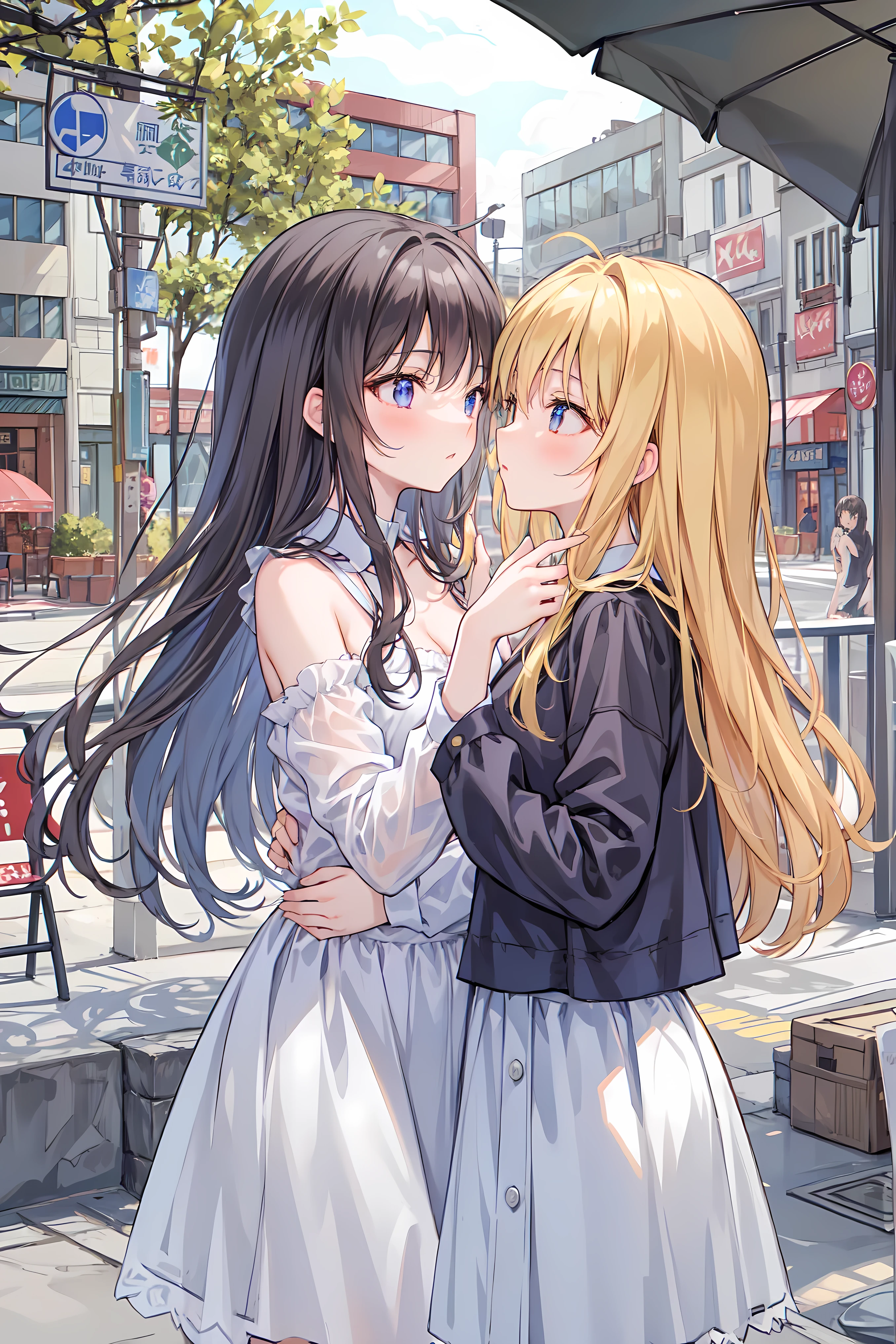 （masterpiece) attention to detail, masterpiece），（high image quality）One couple in their 20s, female1名、Kiss、Romance、Sparkling atmosphere、Glossy appearance、Night City，female（brown medium long hair ）close ~ eye、Sweet Sigh、male（Black Disheveled Hair、Y shirt, shirt）tightly close your eye、background、The night deepens、 dark, femaleはショックを受けた, maleが壁に向かって彼女にKissをする, maleが腰を抱く, And his eye were tightly closed,  romantic environment ,((Highest Quality)), (Very Detailed), (high image qualityCG合成8K壁紙), 高いly detailed, high-definition raw-colored pictures, professional photography, (((Bokeh))), writing boundary depth,Bust