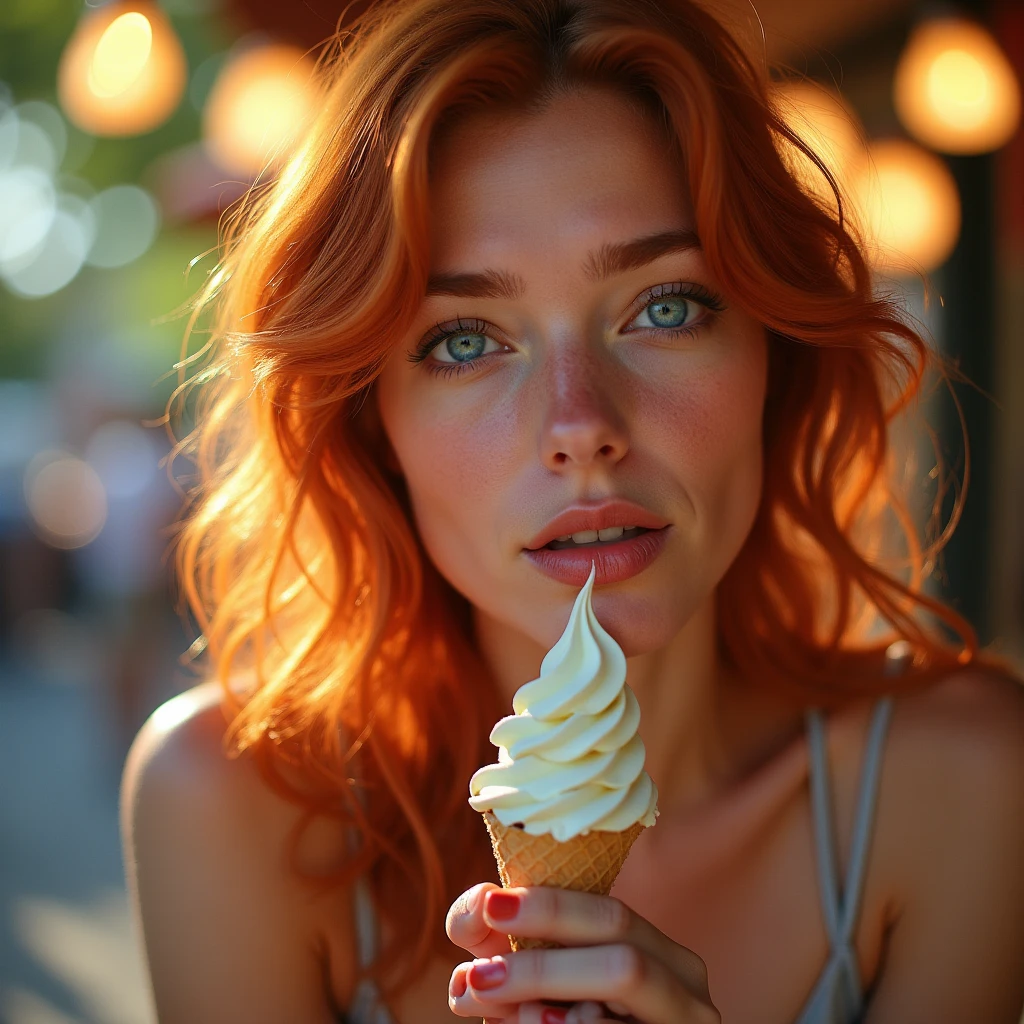 Une femme rousse, au charme ensorcelant, déguste une glace avec une sensualité délibérée. Ses cheveux flamboyants, d'un rouge profond et brillant, encadrent son visage, tombant en mèches douces sur ses épaules. Elle est vêtue d'une tenue estivale, peut-être une robe légère qui met en valeur sa silhouette élancée et ses courbes naturelles.
Elle tient la glace avec délicatesse, et son regard, à la fois espiègle et séduisant, se pose sur l'objet de son plaisir. D'une langue habile et délicate, elle lèche la glace, savourant chaque instant avec une lenteur étudiée. Ses lèvres pulpeuses capturent la crème glacée, laissant une trace subtile qui fond rapidement sous la chaleur de sa bouche. Ses yeux mi-clos et son sourire à peine esquissé trahissent le plaisir qu'elle prend à ce jeu, rendant la scène encore plus envoûtante.
Autour d'elle, l'atmosphère est vibrante, peut-être en plein air par une journée ensoleillée ou dans un lieu animé, mais tout semble se concentrer sur ce moment intime et suggestif. Le contraste entre la fraîcheur de la glace et la chaleur de son attitude crée une tension délicieuse, rendant chaque geste de cette femme rousse irrésistiblement captivant.