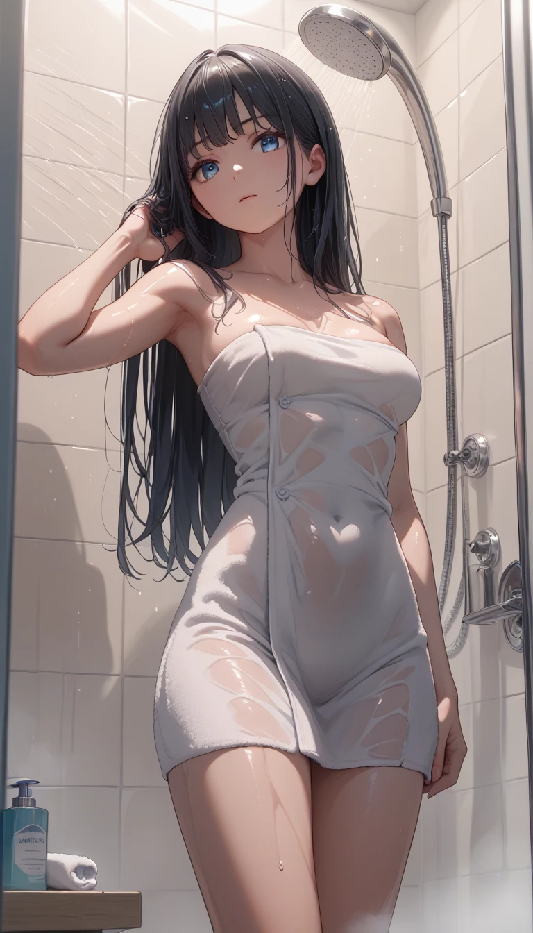 Gal、night、Taking a shower、whole body、Serious expression、Black Hair、Around 25 years old、Anime style illustrations