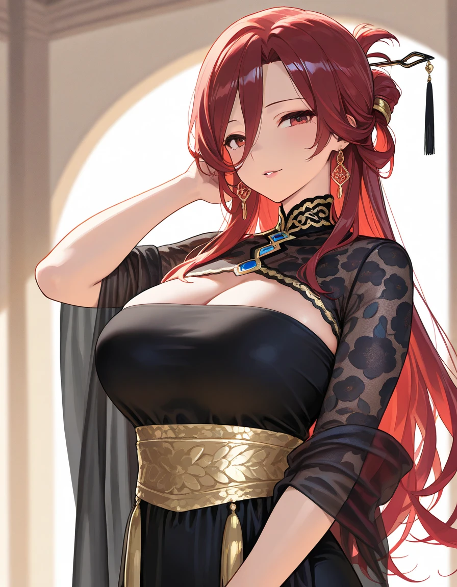 A Masterpiece in Best Quality: Exquisite XVII Century Ball Gown
A chubby woman, with long, radiant red hair flowing in a ponytail, stands blushing. She dons a luxurious Ball Gown from the XVII Century, featuring a long, billowing skirt that rustles gently with her every move. Her eyes are delicately detailed with long, furrowed eyelashes framing them, and her lips, slightly parted, are touched with the slightest embarrassment. The dress, a true Masterpiece, showcases intricate embroidery that sparkles in the light, transforming her into a captivating vision of elegance and timeless beauty.