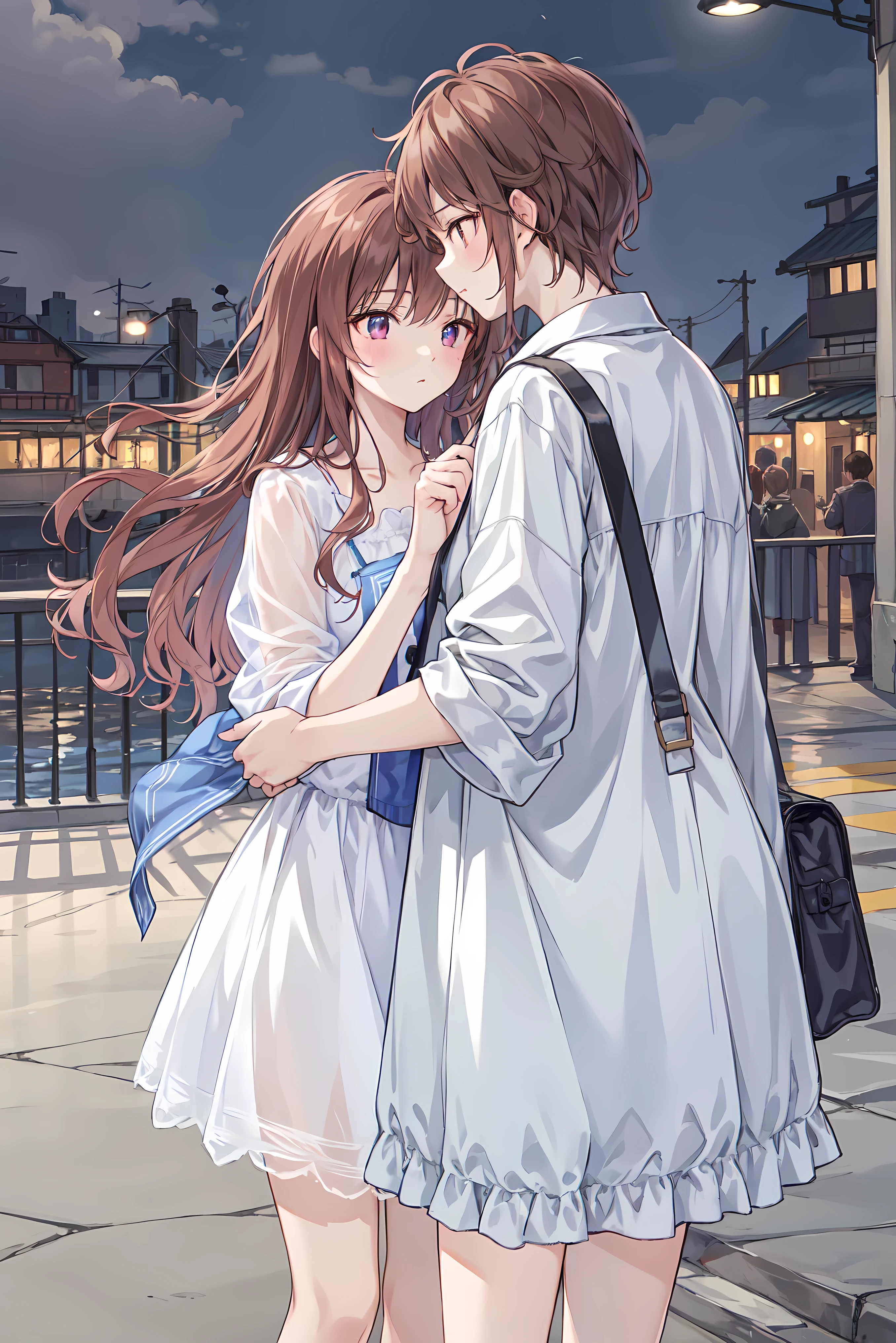 (masterpiece) attention to detail, masterpiece),(high image quality)One couple in their 20s, female1名、Kiss、Romance、Sparkling atmosphere、Glossy appearance、Night City,female(brown medium long hair )close ~ eye、Sweet Sigh、male(Black Disheveled Hair、Y shirt, shirt)tightly close your eye、background、The night deepens、 dark, femaleはショックを受けた, maleが壁に向かって彼女にKissをする, maleが腰を抱く, And his eye were tightly closed, romantic environment ,((Highest Quality)), (Very Detailed), (high image qualityCG合成8K壁紙), 高いly detailed, high-definition raw-colored pictures, professional photography, (((Bokeh))), writing boundary depth,Bust