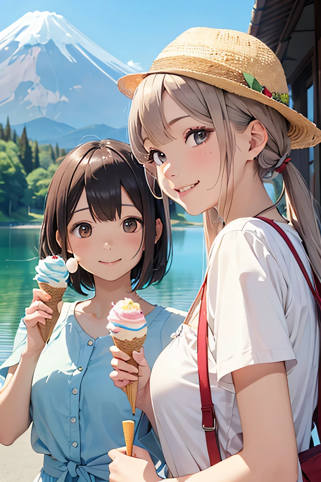 highest quality、High resolution、Detailed Background、(Beautiful face in every detail:1.4)、Anatomically correct、(Detailed facial expressions)、(Detailed eyes:1.2)、(Detailed eyes:1.2)、age beauty、(Highly detailed face:1.4)、Cute color hair color、ponytail、Bobcut、Cute hairstyle、well-groomed eyebrows、In a joking manner、A big smile、Do cute things、Fit on one screen、

(Two beautiful girls eating ice cream to beat the heat at a summer resort:1.5)、

The way she eats the ice cream with a smile and licks it is adorable.、
Light dress、Floral and fruit patterns、Dresses with bright colors and patterns, such as stripes、
Pair it with cool footwear such as sandals or espadrilles.、
Off-the-shoulder tops in bright colors and vibrant patterns、Create a light look with denim shorts、A shirt dress is an item that gives a clean impression.、
Brightly colored or striped shirt dresseark your waist with a belt to enhance your style、
Lake Kawaguchi and the Five Lakes of Yamanashi Prefecture：Located at the foot of Mt. Fuji, Lake Kawaguchi and the Five Lakes are summer resorts surrounded by beautiful natural surroundings.、You can enjoy a stroll or boat ride along the lake and the view of Mt. Fuji.