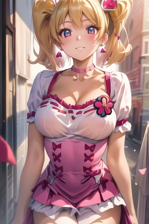 1 girl, blonde bob hair, heart shaped eyes, ♡, big breasts, lace queen, {girl with blonde bob hair named nao}, (Pink eye color), {race car}, (smile), bright background , mole under eye, Star-shaped choker, (masterpiece, highest quality), very detailed, highest quality, official art, beautiful and aesthetic: 1.2), (1 girl), very detailed, (geometry art: 1.3), colorful, most detailed ,（garden,beautiful flower々）, (masterpiece, highest quality), official art, beautiful and aesthetic: 1.2), (1 girl), very detailed, (geometry art: 1.3), colorful