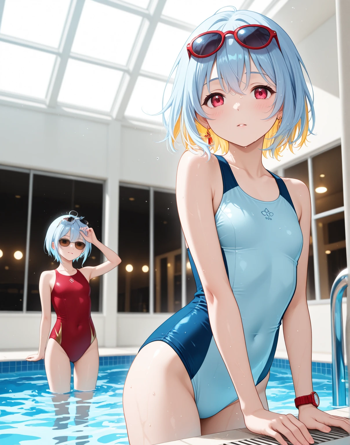 crawl on all fours、Blue Hair、crawl on all fours、swimsuit、Cute Swimsuit、Random erotic poses、Blue Hair、hair over one eye、short hair、、Pale red eyes、Blushing、lipstick、Perfect hands、Detailed hands、Poolサイド、Pool、one-piece swimsuit, strap slip、backwards、、backwards