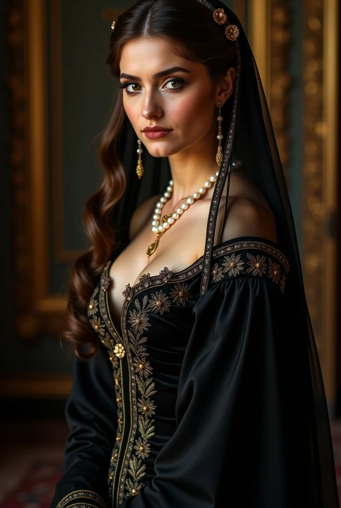 Hyperrealistic and ultra-detailed photography of a beautiful Anna Boleyn ((((25-years old)))), ((((Lujoso vestido lencero de corte renacentista ?????, joyas )))), tez clara, pale-skin, tetas medianas perfectas, escote, cuerpo perfecto, mirada seductora, cabello en elaborados peinados, siguiendo la moda de la corte renacentista, ojos negros verdosos, esbelta y cautivadora, pose provocativa, 1,70 m de altura, captured with a Sony Alpha a9 II camera and a Sony FE 200-600mm f telephoto lens/5. 6-6.teleobjetivo 3G. Perfectly sharp focus, colores vibrantes, cinematic atmosphere. Aspect ratio 3:2, Size 750px", fondo del Palacio de Buckingham.