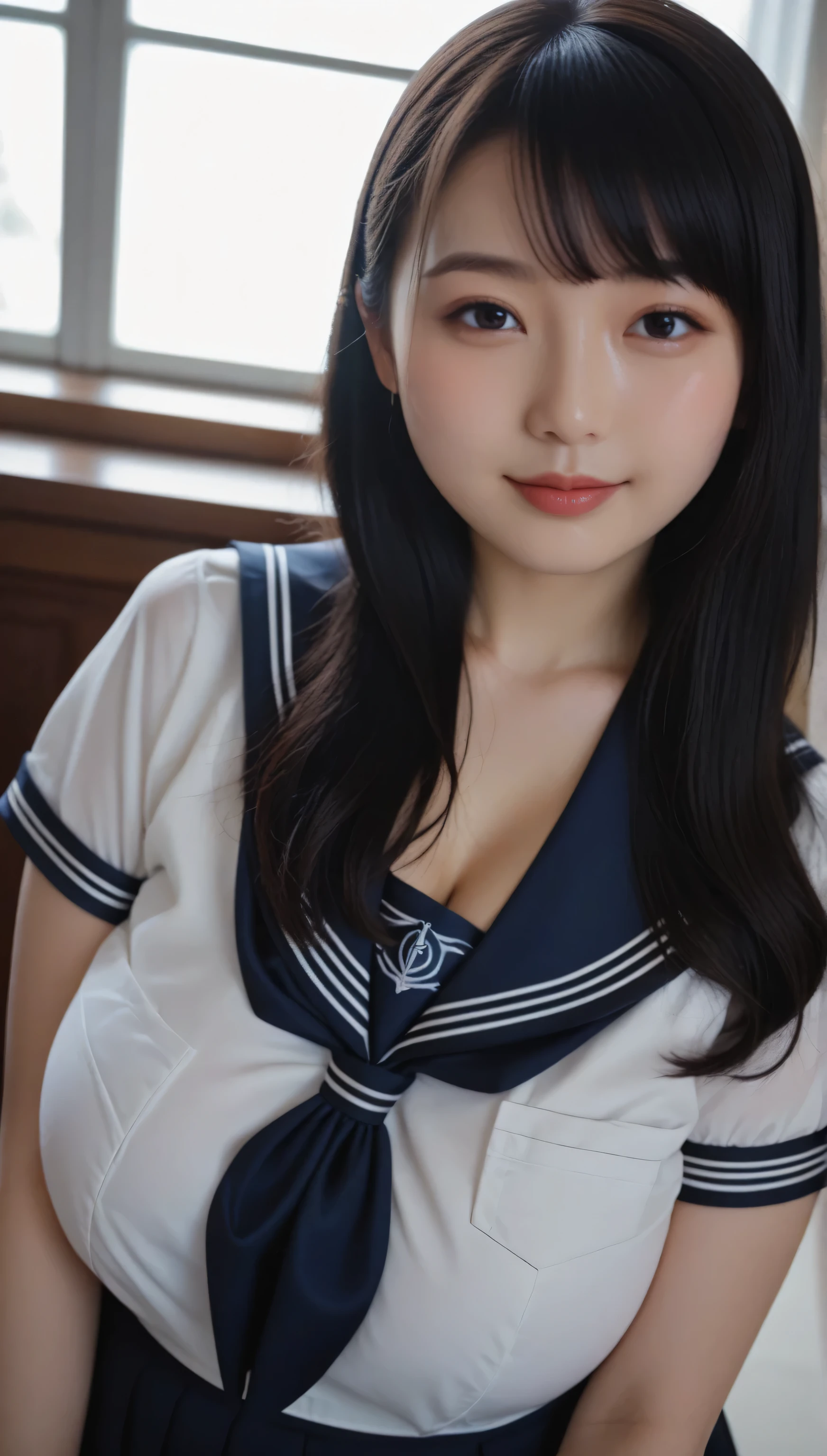 (A hyper-realistic), (illustratio), (hight resolution), (8K), (ighly detailed), (The best illustrations), (Beautiful detailed eyes), (top-quality), (ultra-detailliert), (masterpiece), (wall-paper), (详细的脸), (beautiful smiling face)、(Beautiful expression)、short-hair、Earrings with bangs、Side bangs、独奏、((Baby face))、((Japan High School School Uniform))(((Wear your sailor suit securely)))、 (((middlebreasts)))、((Dark blue pleated skirt))(Black Over the Knee Socks:1.2)、 (((Glamorous body)))、Slender body、gravure model、Seduction poses:1.4、Looking at the camera、school classrooms、((Hands on the desk))、((Facial expressions that captivate the viewer:1.3))