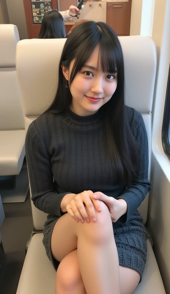 realistic pictures,Cute 17 year old Japanese high school girl, slender body shape,long hair,ponytail,bangs, (thin thighs),Completely naked,smile,spread your legs,on the train,Make your crotch feel good with your fingers while being watched